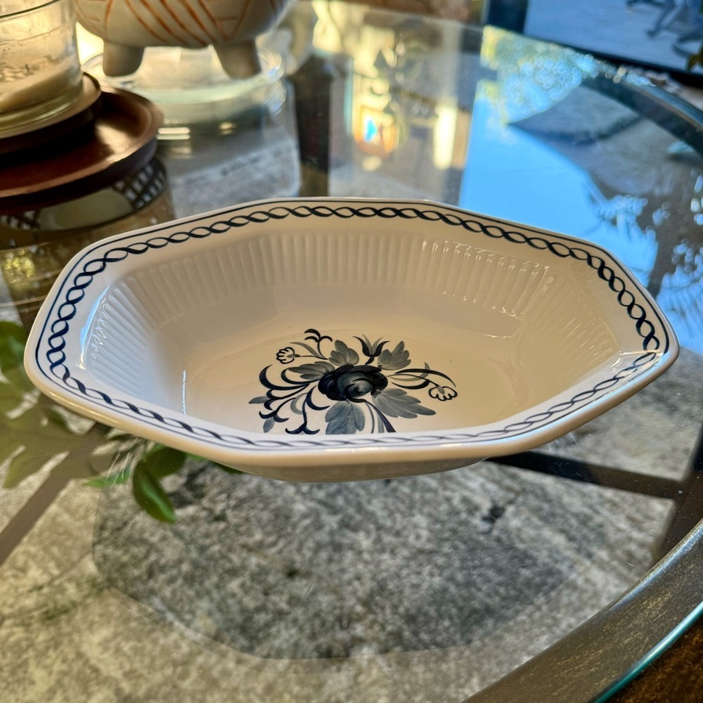 Adams Baltic Blue Ribbon Rim Flowers Oval Octagon Serving Bowl Ironstone…